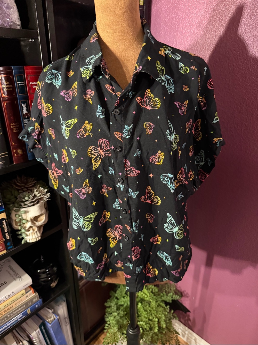 Hot Topic Black Button-Front Butterfly Print Top